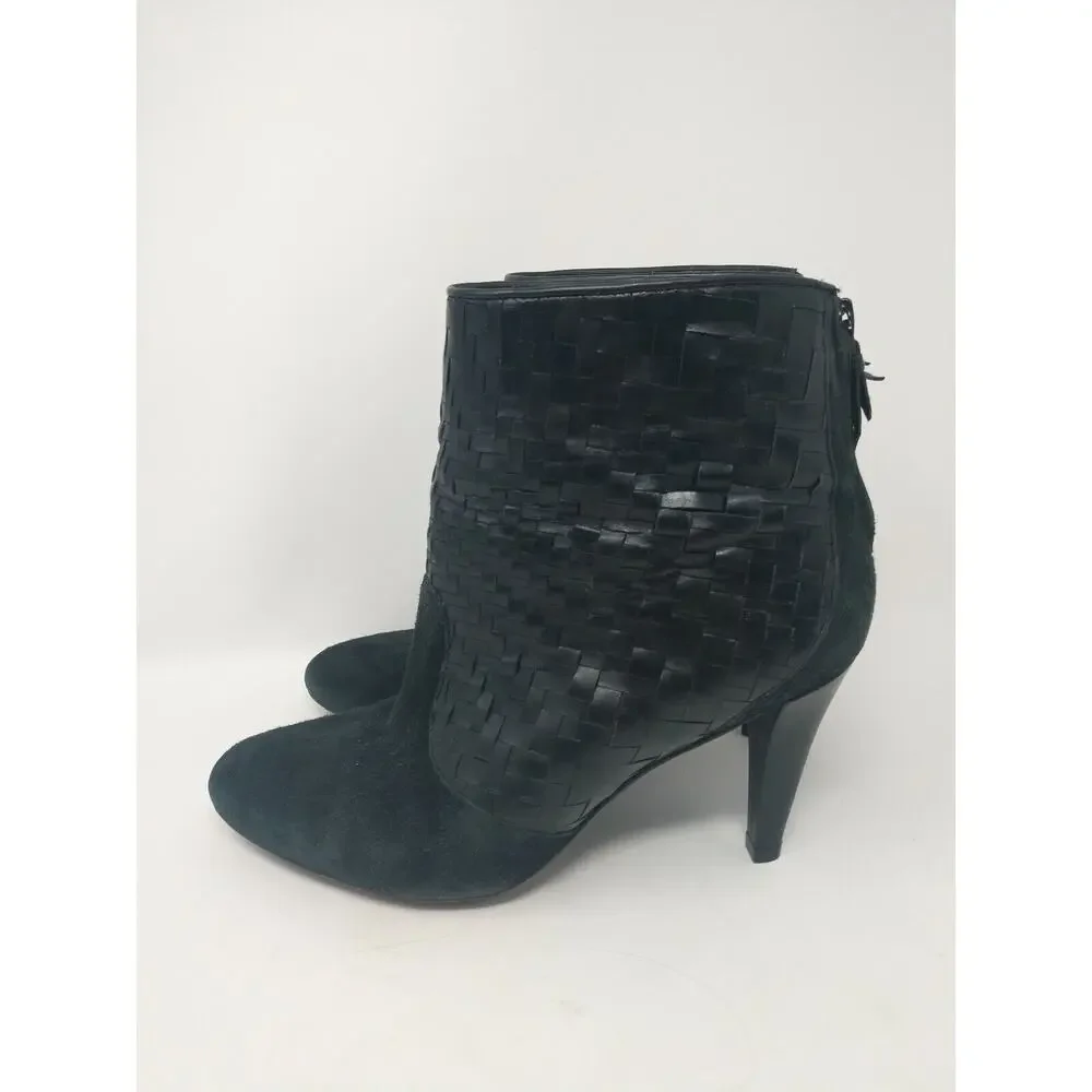 Cole Haan Women's Black Leather Suede Woven Ane Boots Booties Basket Weave 8.5 M